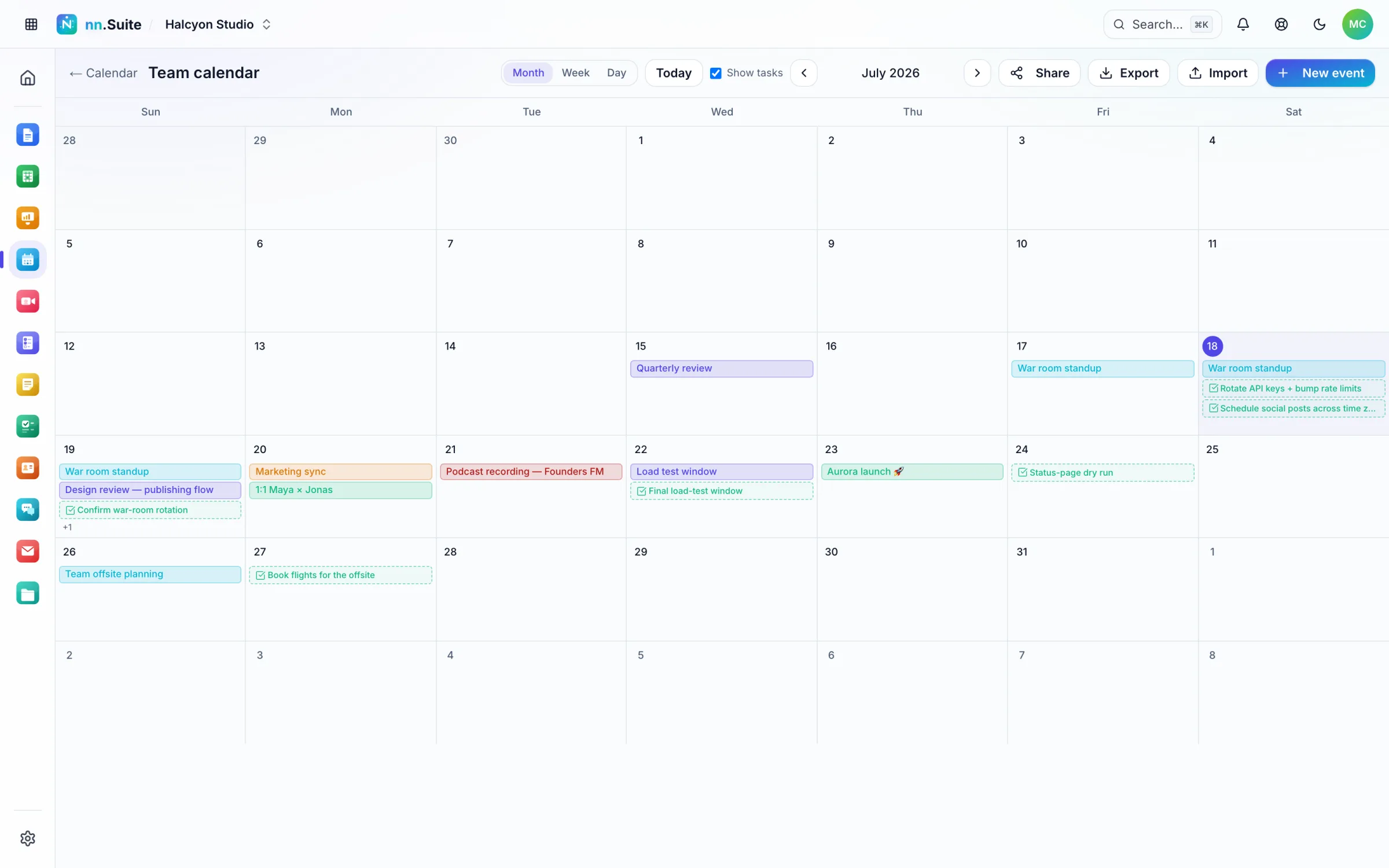 nn.Calendar month view full of color-coded events and scheduled tasks