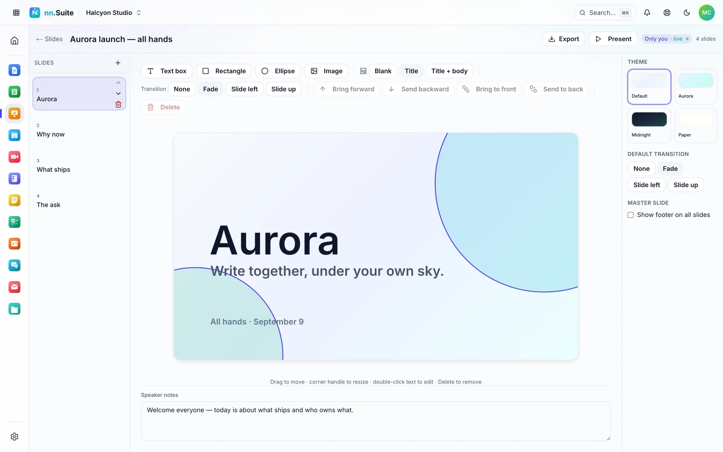 nn.Slides editing an all-hands deck with a large Aurora title slide, filmstrip and theme picker