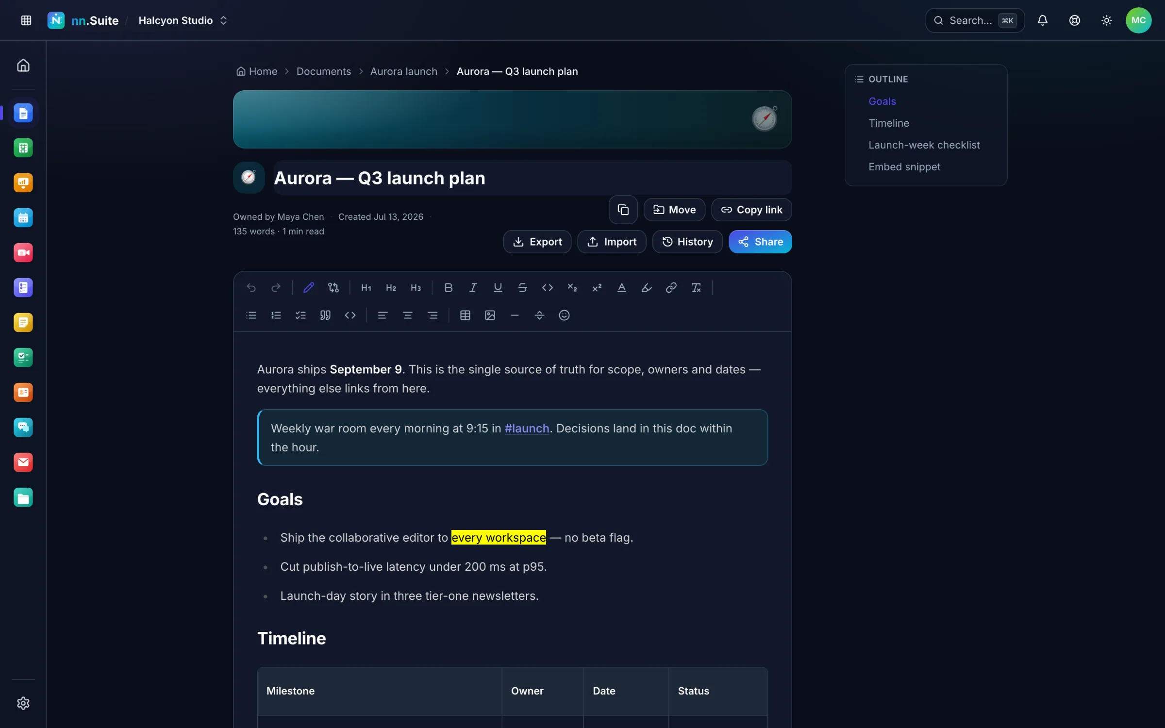 The document editor in dark mode
