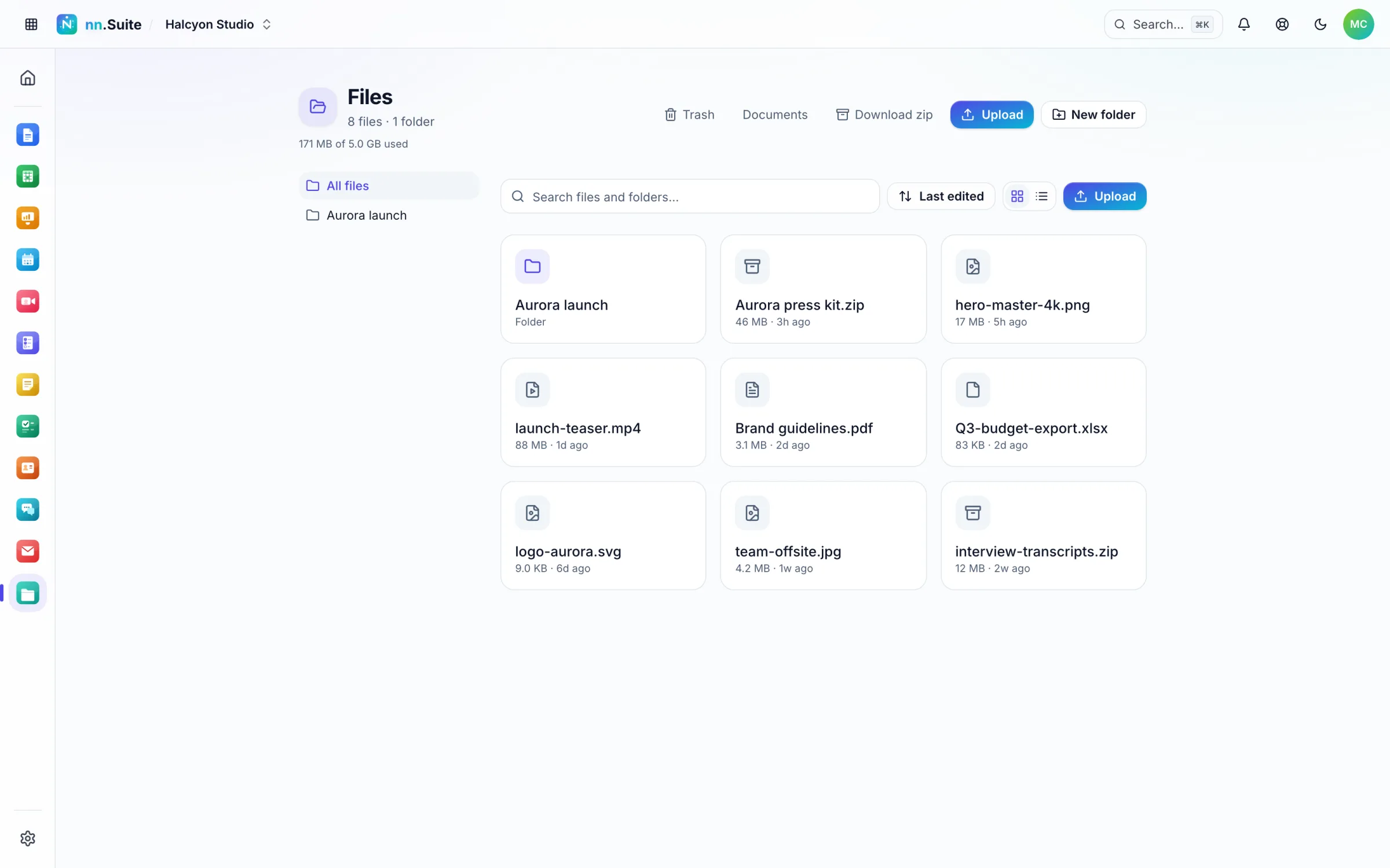 The Files app showing a grid of uploaded assets with sizes