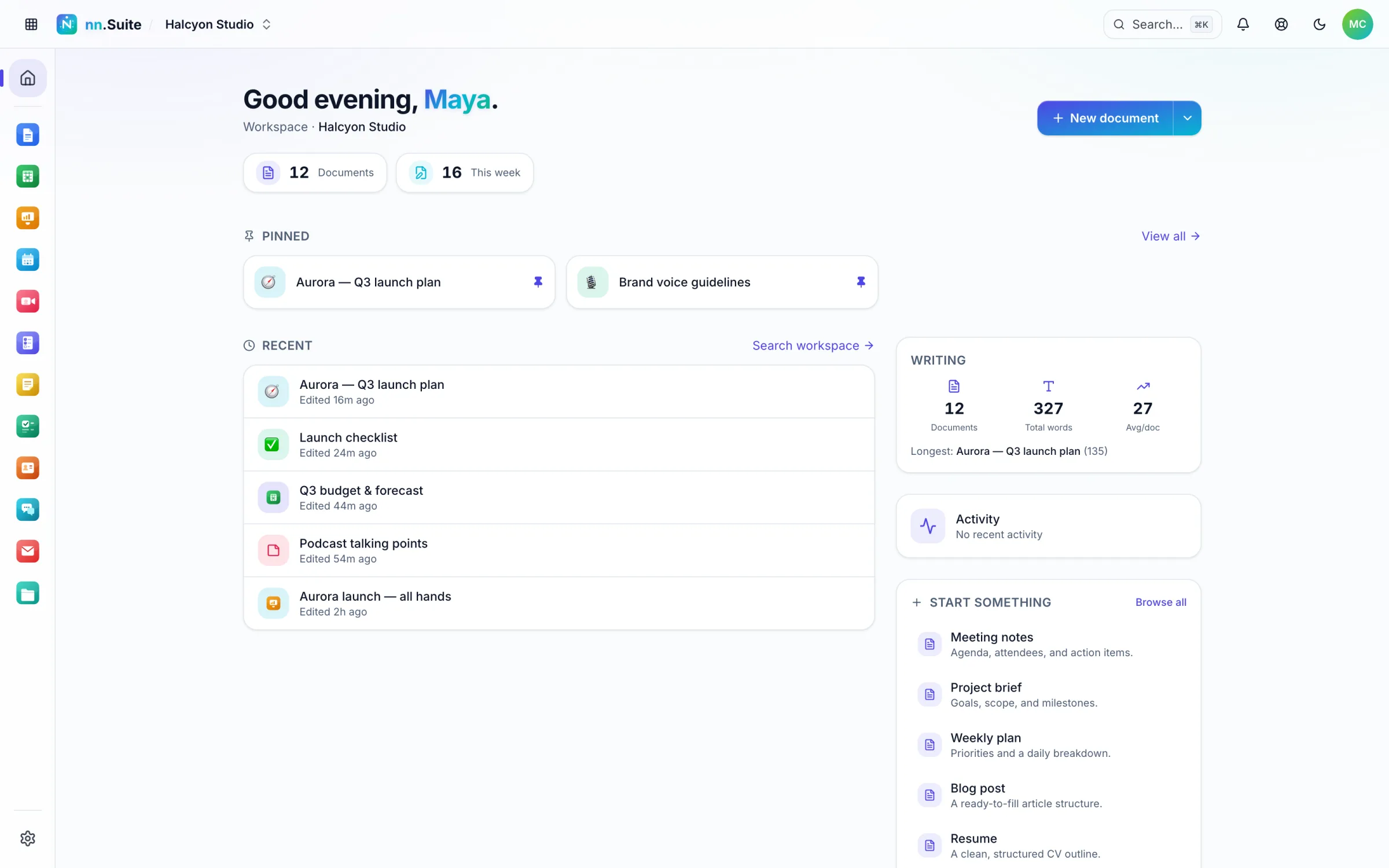The nn.Suite home dashboard greeting Maya with recent documents, writing stats and templates