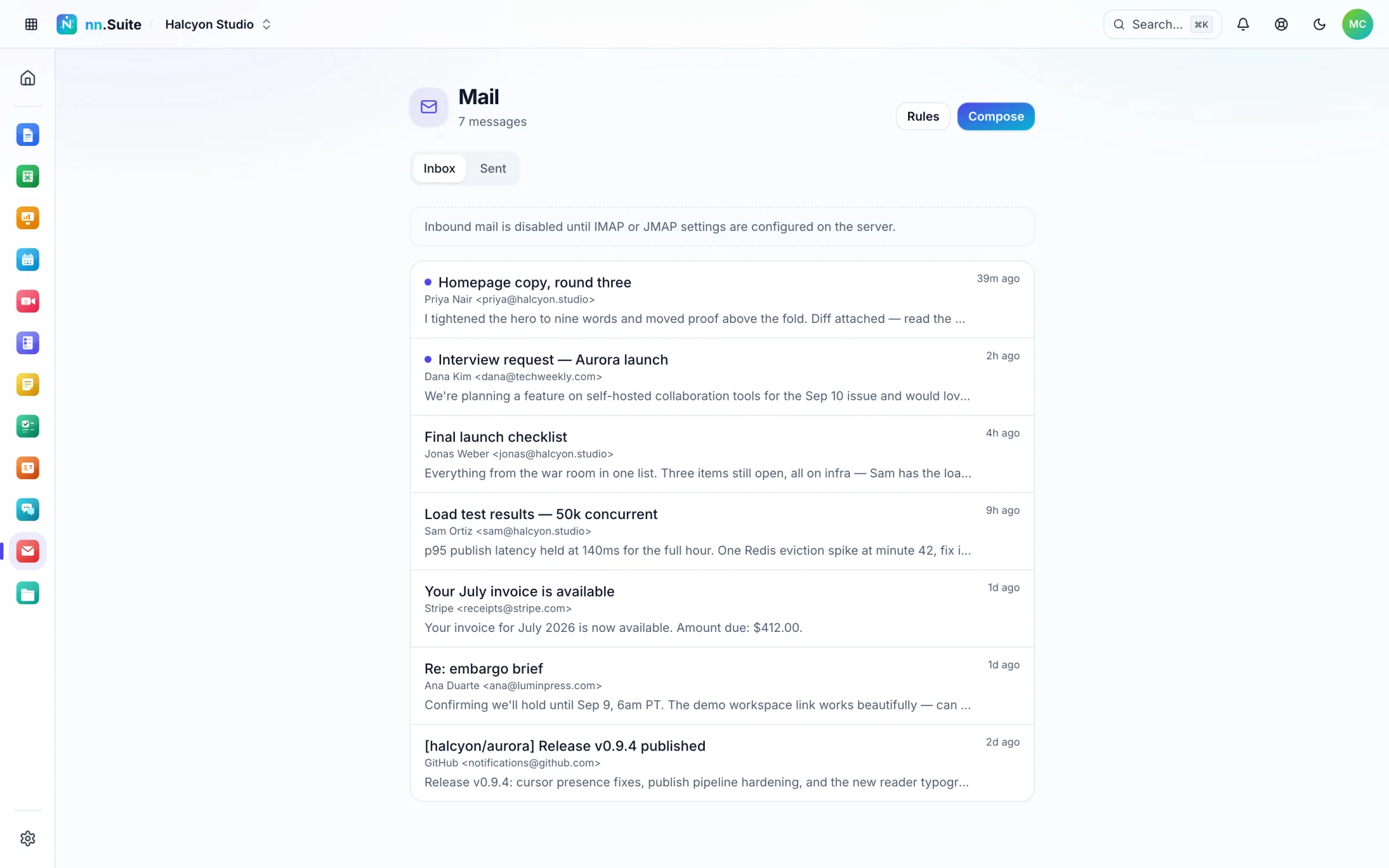 The nn.Mail inbox with press, teammate and service emails, some unread