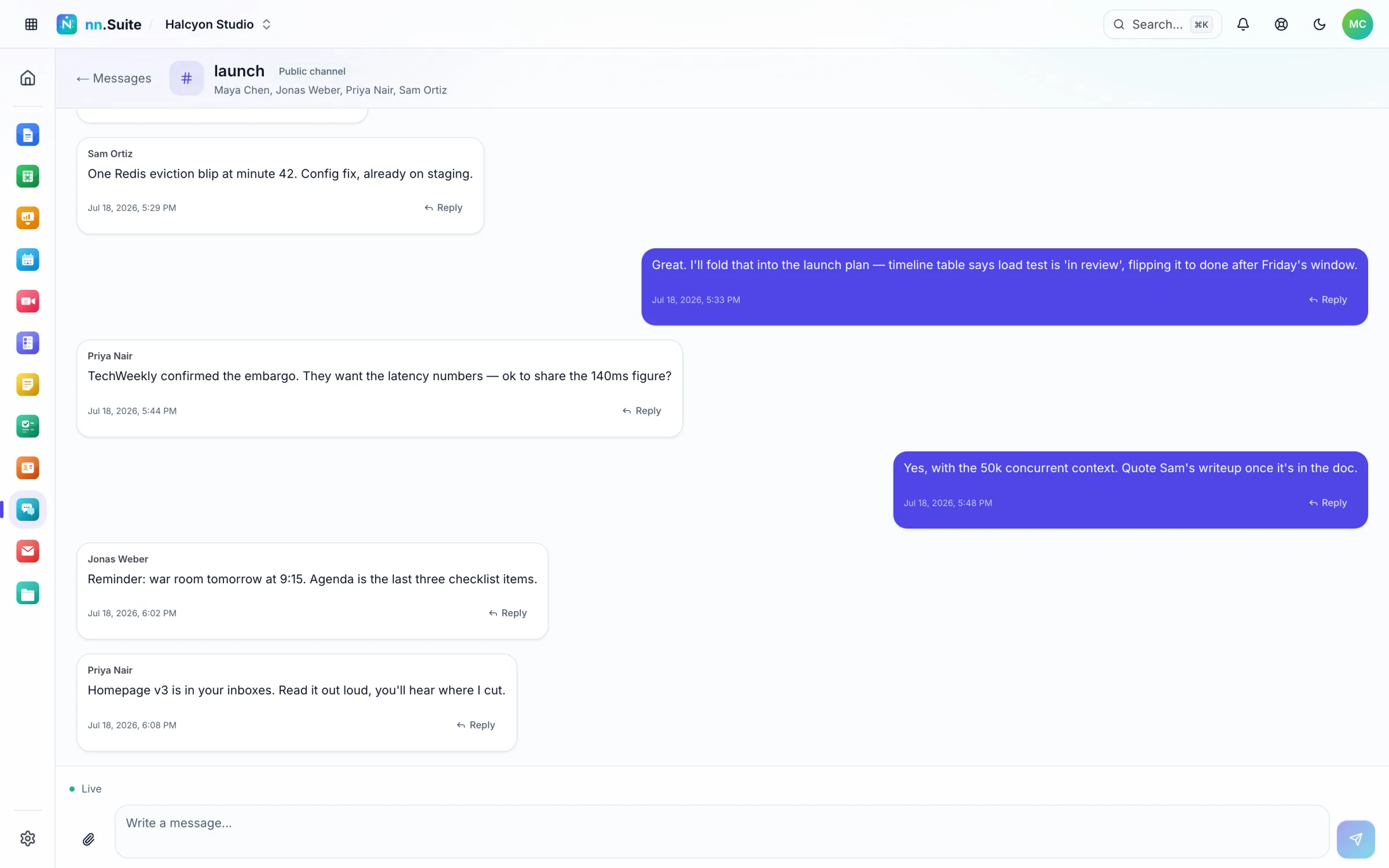 A #launch channel conversation in nn.Messages with replies from four teammates