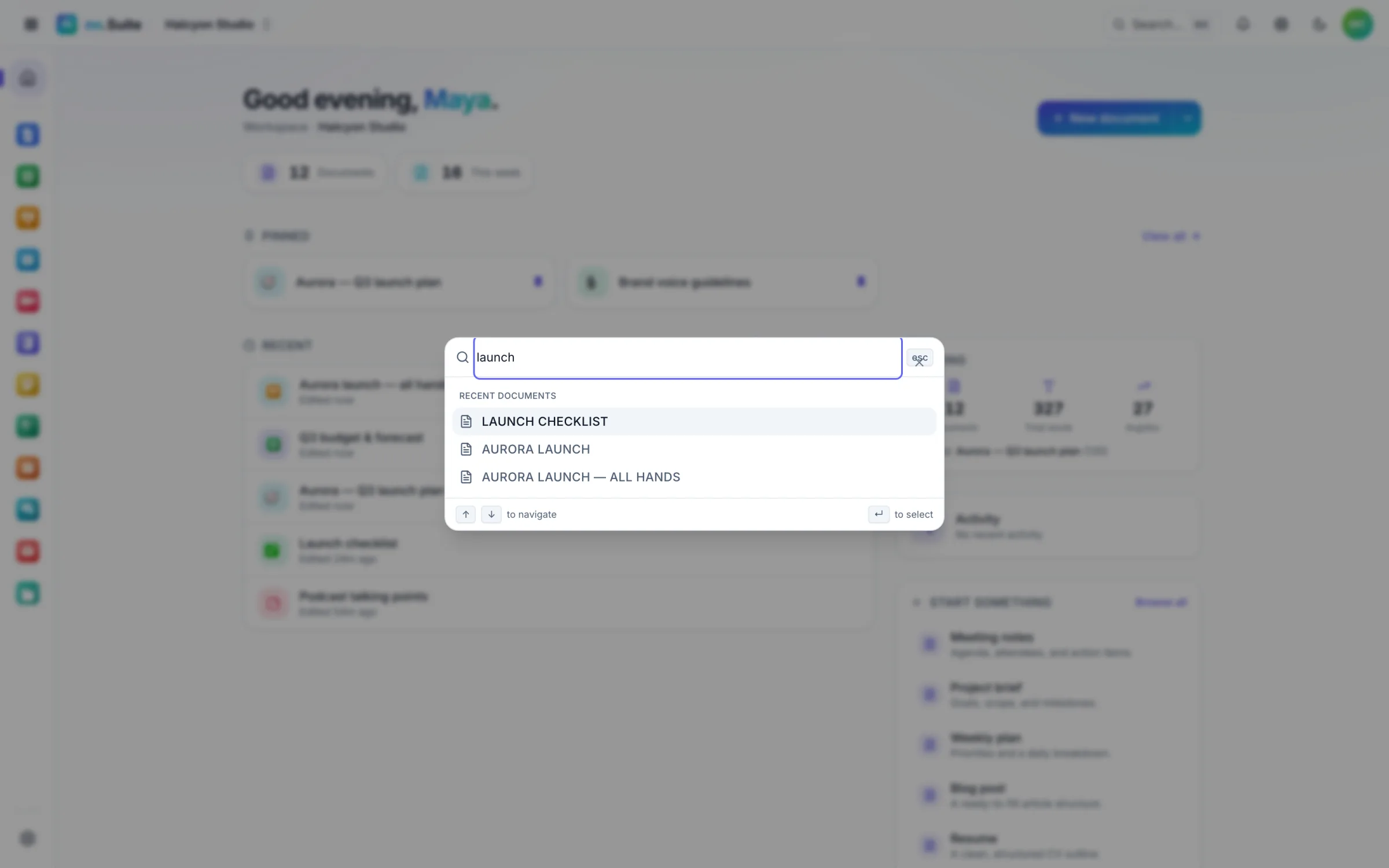 The command palette open over the home screen, searching for “launch”