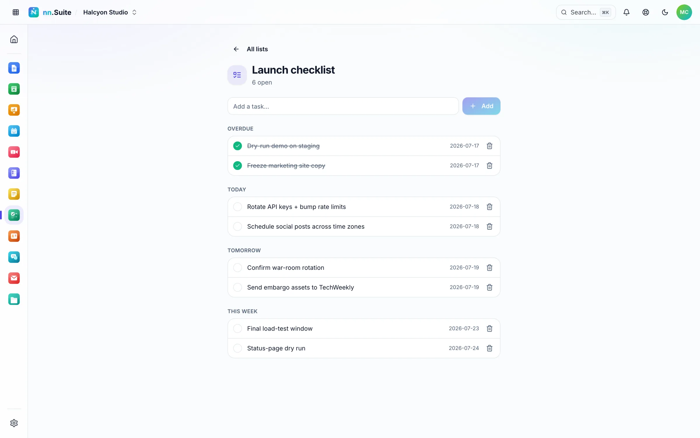 A launch checklist grouped by due date in the Tasks app